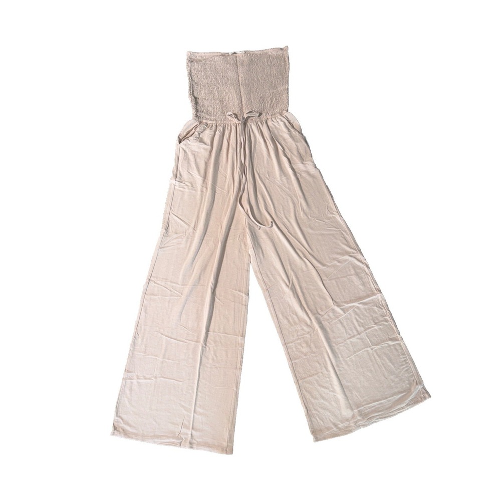 NWT Zenana Oatmeal Strapless Smocked Jumpsuit Wide Leg Pockets Flowy Lounge XL